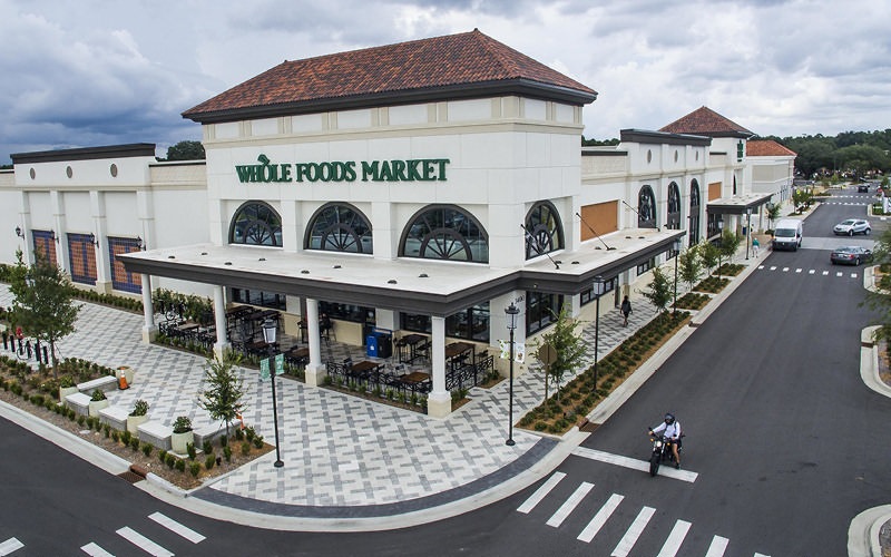 Walkable Whole Foods exterior in nearby shopping center